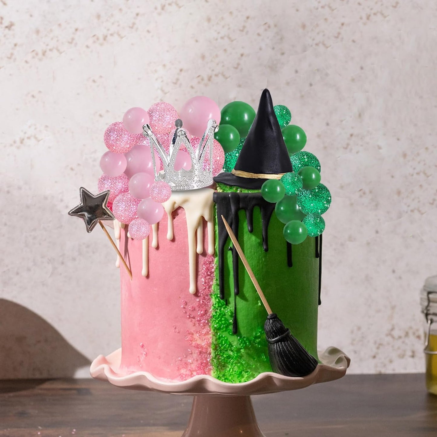 BEISHIDA 42 pcs Foam Ball Cake Toppers with Witch Hat and Crown Decorations Cake Decorations for Witch Theme Party Decor Pink and Green Decorations Supplies