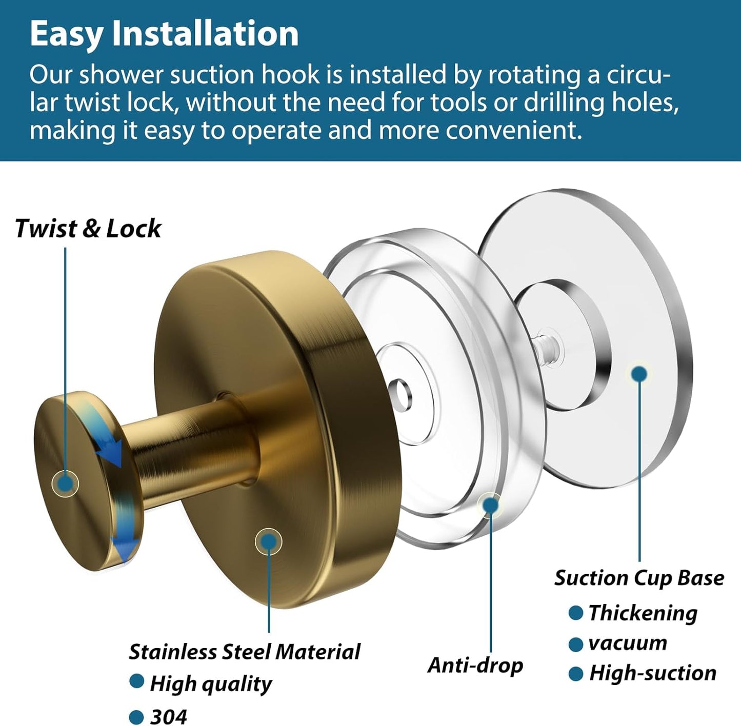 Suction Cup Hooks for Shower, 2 PCS No-Drill Towel Holder for Bathrooms Wall, Glass Door, Mirror, Tiles, Kitchen, Hold Robe & Wreath, Hanging up to 15 lbs – Waterproof & Rustproof,Loofah-Gold