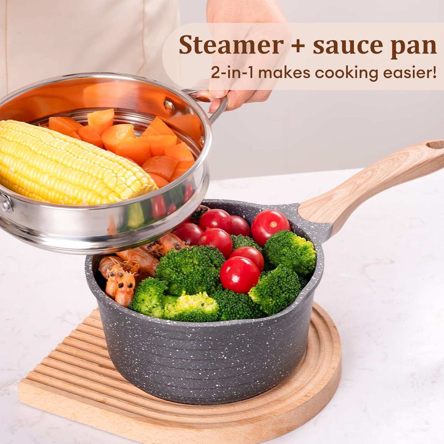 JEETEE 2.5 Quart Saucepan with Steamer Basket, Small Sauce Pot with Lid，Nonstick Coating with Pour Spout, Induction Compatible Cookware Sauce Pan for Cooking, PFOA/PFOS Free - Culinary Roots
