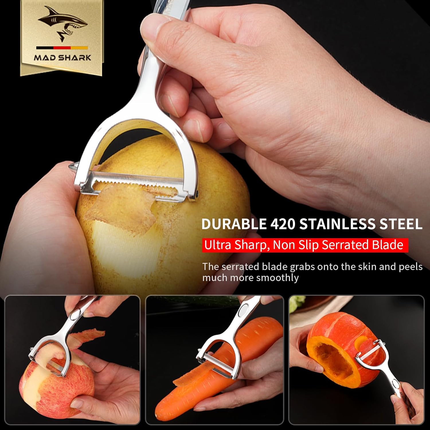 MAD SHARK Ultra Sharp Vegetable Peelers for Kitchen Fruit Apple Potato Peelers,Design with Ergonomic Non-Slip Handle, Y+I Shaped Stainless Steel Serrated(2pc） - Culinary Roots