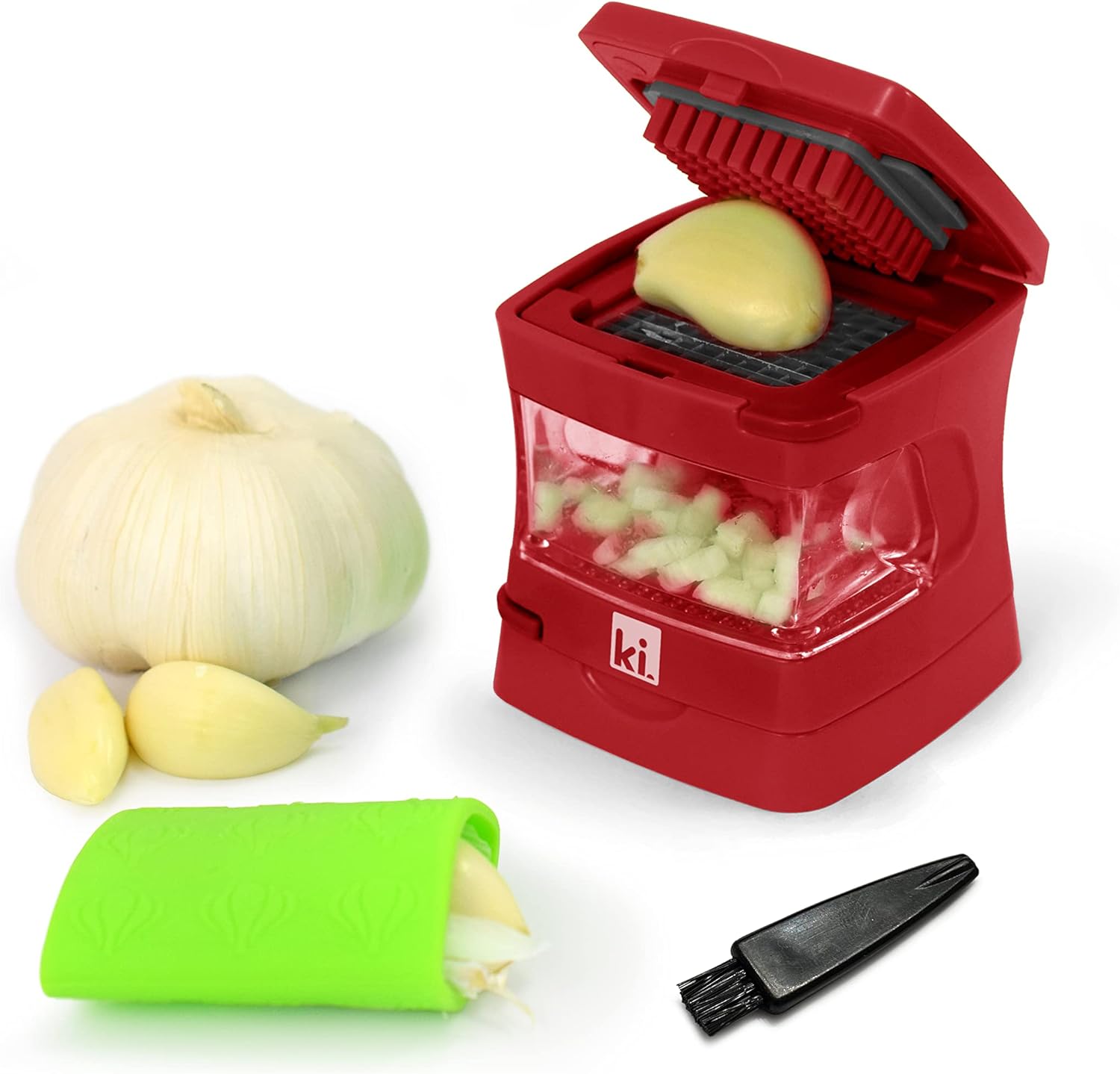 Garlic-A-Peel Garlic Press, Crusher, Cutter, Mincer, and Storage Container - Includes Silicone Garlic Peeler - Easy to Clean - Stainless Steel Blades – (Red), standard - Culinary Roots