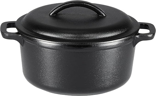 Amazon Basics Pre-Seasoned Cast Iron Mini Dutch Oven Pot with Lid and Dual Handles, Oven Safe, 2-Quart, Round, Black