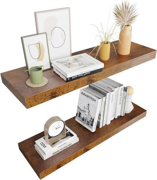 Colima 24" Modern Wood Floating Shelves, 2-Pack, 1.3" Thick, Wall Mounted, 50 lbs Capacity, Bedroom, Bathroom, Kitchen