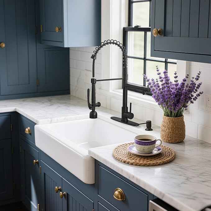 Fapully Commercial Kitchen Faucets with Pull Down Sprayer Matte Black LED Single Handle Faucet for Kitchen Sink, Kitchen Faucet with Soap Dispenser and Deck Plack for 4 Hole