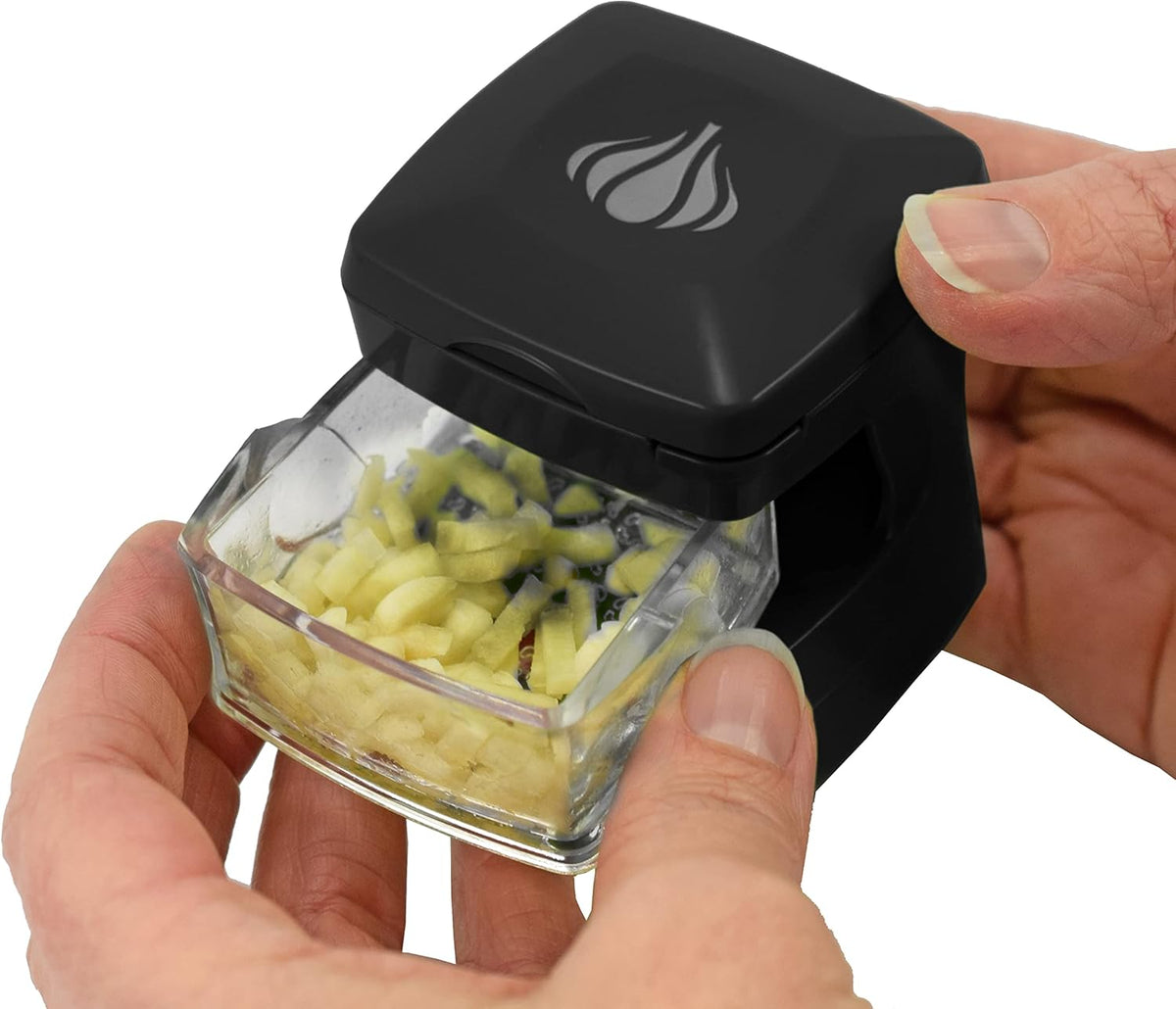 Garlic-A-Peel Garlic Press, Crusher, Cutter, Mincer, and Storage Container - Includes Silicone Garlic Peeler - Easy to Clean - Stainless Steel Blades – (Black), standard - Culinary Roots