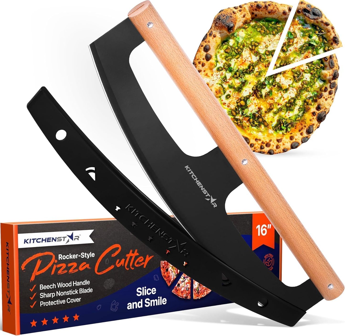 KitchenStar 16-Inch Pizza Cutter Rocker Blade - Razor Sharp Stainless Steel Slicer Knife, Stylish Beech Wood Handle, Protective Cover - Professional Pizza Oven Accessories, Black - Culinary Roots
