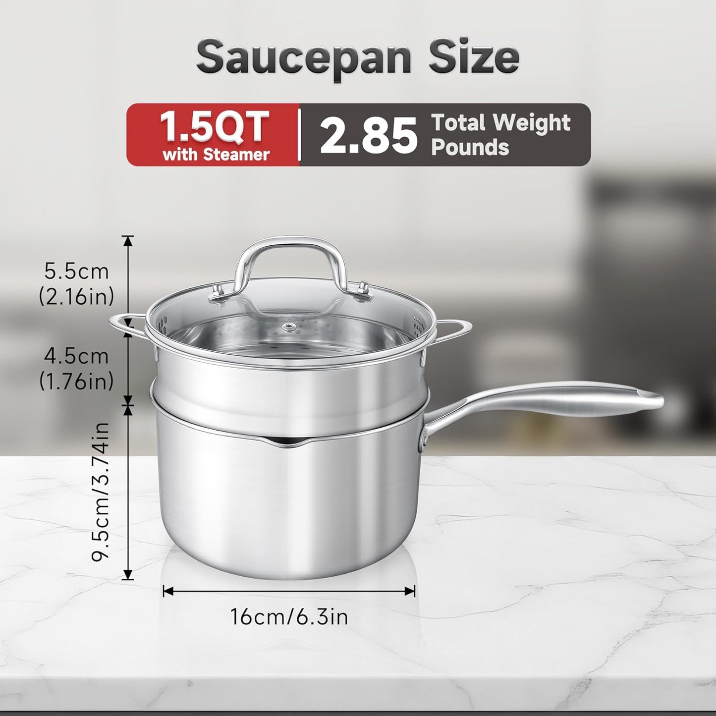 1.5 Quart Stainless Steel Saucepan with Steamer Basket, Tri-ply Full Body, Multipurpose Sauce Pot with Two-Size Drainage Holes Lid, Perfect For Boiling Gravies, Pasta, Noodles - Culinary Roots