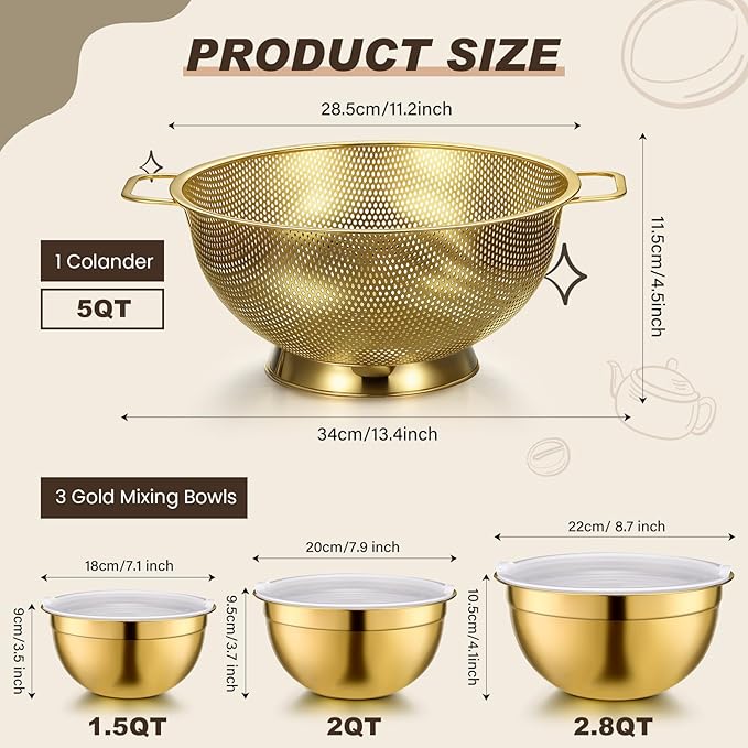 Baderke 7 Pcs Gold Kitchen Accessories Includes Stainless Steel Colander with Handles, 3 Gold Mixing Bowls with Airtight Lids and 3 Fine Mesh Strainer(Colander: 5 Qt, Mixing Bowls: 1.5/2/3 Qt)