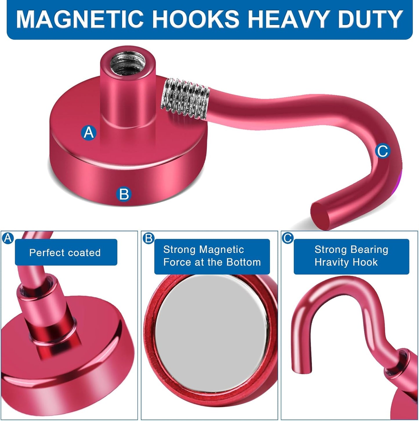 LOVIMAG Cruise Ship Essentials - 150Lbs Heavy Duty Hooks, Red Magnetic Hooks for Cruise Cabins - 12 Pack