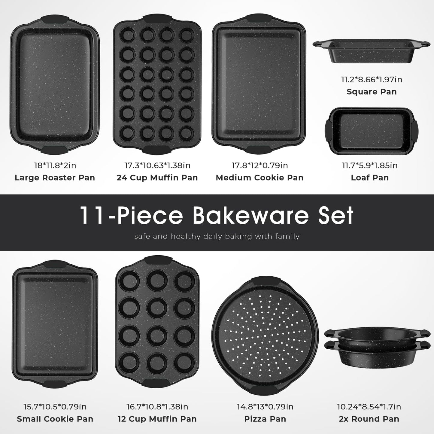 11-Piece Nonstick Baking Pan Set, Stackable Bakeware Sets, Oven Pans for Baking with Silicone Handles, Includes Cookie Sheet, Cake Pans, Loaf Pan, Pizza Pan, Muffin Pan, Black - Culinary Roots