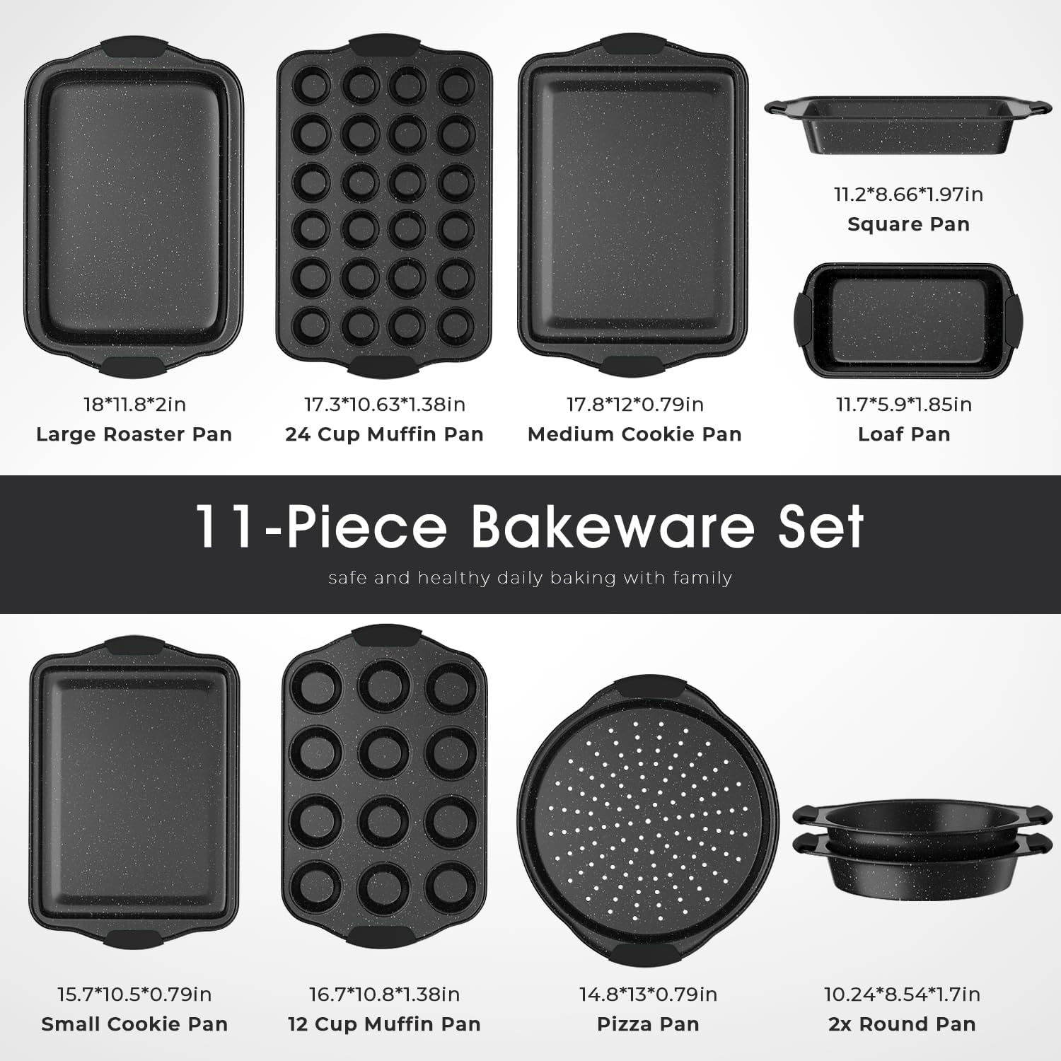 11-Piece Nonstick Baking Pan Set, Stackable Bakeware Sets, Oven Pans for Baking with Silicone Handles, Includes Cookie Sheet, Cake Pans, Loaf Pan, Pizza Pan, Muffin Pan, Black - Culinary Roots