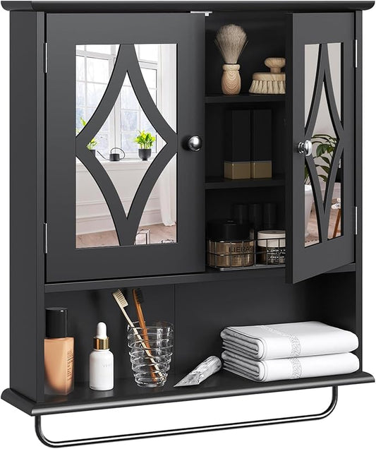 RoyalCraft 22x25 Bathroom Medicine Cabinet with Mirror, Large Wood Wall Mounted Storage Cabinet with Shelves and Towel Bar, Over The Toilet Storage Cabinet for Bathroom, Laundry, Living Room, Black