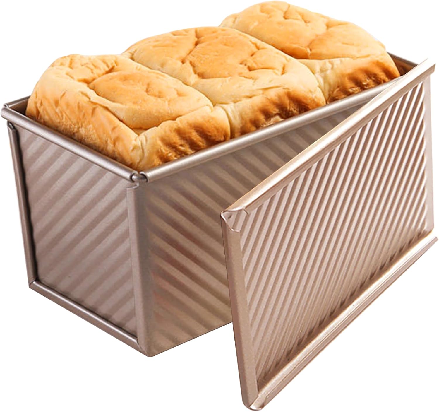 Pullman Loaf Pan with Lid, Non-Stick Bakeware Golden Corrugated Carbon Steel Bread Toast Box Mold with Cover for Baking Bread, 1 lb Dough Capacity - Culinary Roots