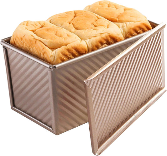 Pullman Loaf Pan with Lid, Non-Stick Bakeware Golden Corrugated Carbon Steel Bread Toast Box Mold with Cover for Baking Bread, 1 lb Dough Capacity - Culinary Roots