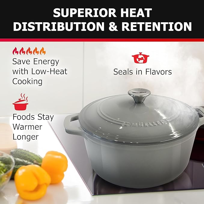 MUELLER HOME 7.5 QT Enameled Cast Iron Dutch Oven, Heavy-Duty, Oven-Safe up to 500° F & Across All Cooktops, Casserole Dish and Braiser Pan with Lid and Stainless Knob, Grey