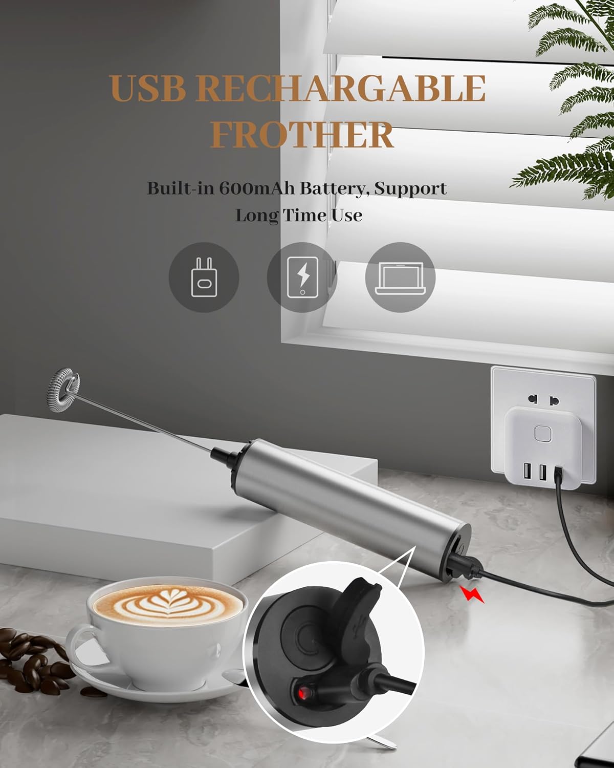 Milk Frother Rechargeable with Cover - Coffee Frother Wand, Drink Mixer Handheld with 2 Detachable Stainless Whisks 2 Speed Adjustable for Latte, Cappuccino, Hot Chocolate, Egg, Silver - Culinary Roots