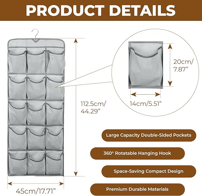 Hanging Shoe Organizer For Closet Rod with 30 Large Pockets Dual Sided 360 Rotating Hanger Space Saving Storage Bag Rack Shelves for Bedroom Laundry Room, Grey