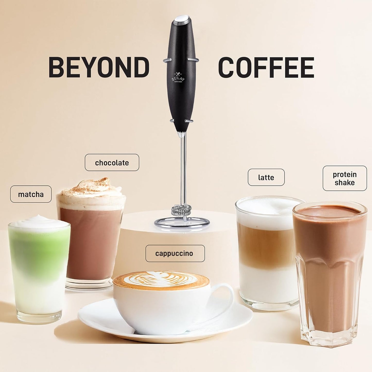 Zulay Kitchen Powerful Double Whisk Milk Frother Handheld - Foam Maker With Stand - Whisk Drink Mixer for Coffee, Mini Foamer for Latte, Matcha, Frappe, Hot Chocolate & Cappuccino (Metallic Black) - Culinary Roots