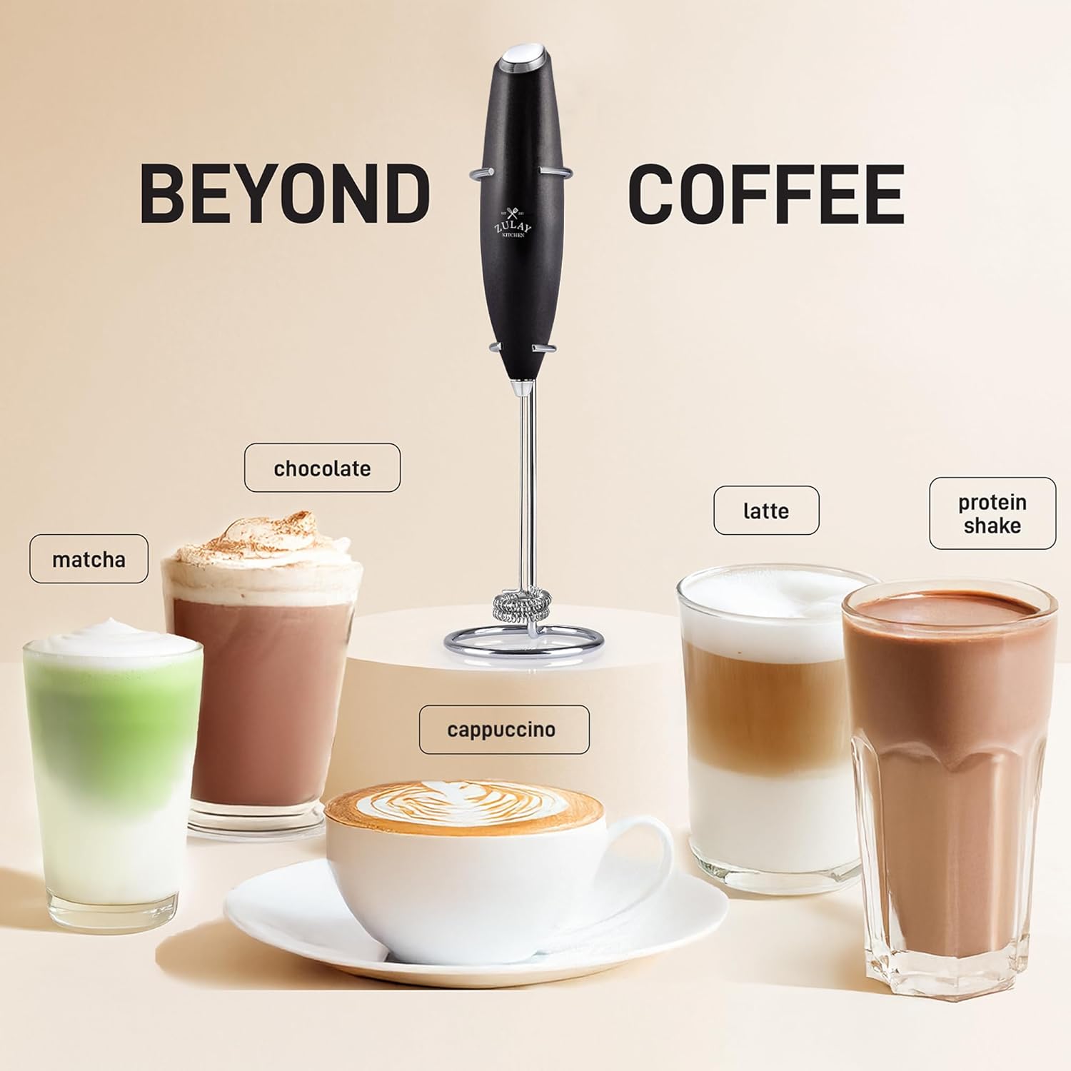 Zulay Kitchen Powerful Double Whisk Milk Frother Handheld - Foam Maker With Stand - Whisk Drink Mixer for Coffee, Mini Foamer for Latte, Matcha, Frappe, Hot Chocolate & Cappuccino (Metallic Black) - Culinary Roots