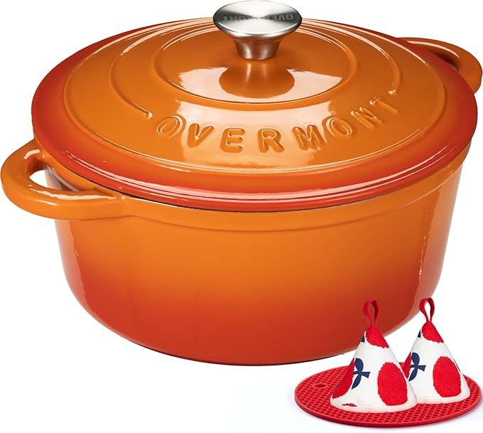 Overmont Enameled Cast Iron Dutch Oven - 7QT Pot with Lid Cookbook & Cotton Potholders - Heavy-Duty Cookware for Braising, Stews, Roasting, Bread Baking orange