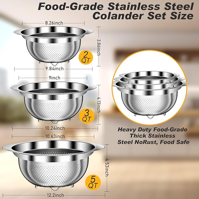 Colander, Stainless Steel Colander for Kitchen, 3Pcs Kitchen Gadget Food Strainer Basket with Handle, Kitchen Strainer Colanders Bowl for Pasta Noodles Spaghetti Vegetables Fruit (1QT, 2QT, 5QT)