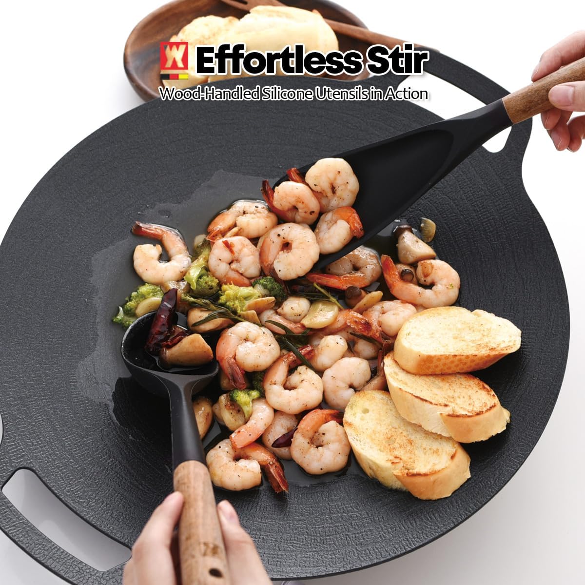 Set of 2pc Silicone Cooking Utensils: Wooden Handle Ladle + Long Head Serving & Cooking Spoon, Heat Resistant, BPA Free, Scratch-Resistant Surface Design - Culinary Roots