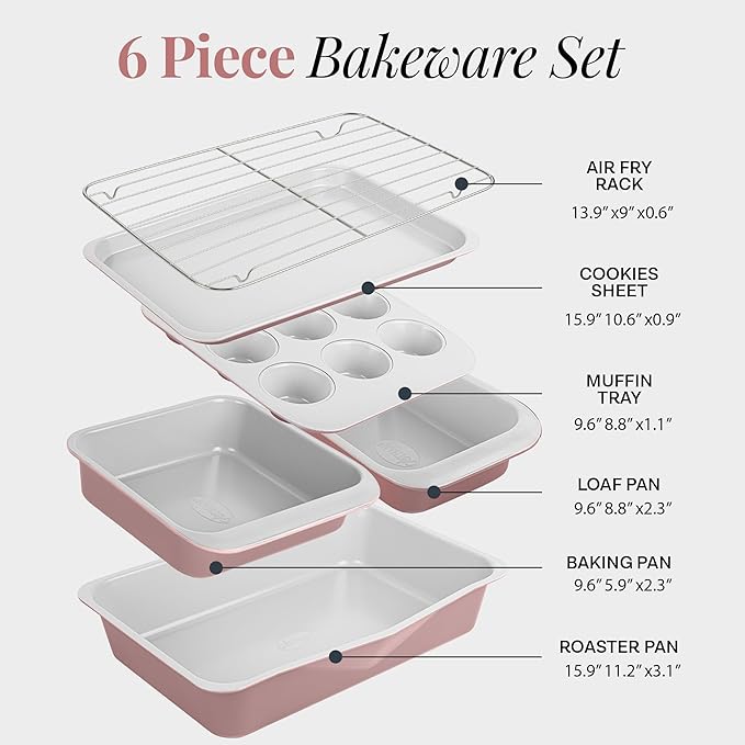 Gotham Steel 6 Pc Stackable Baking Pans Set, 70% Space Saving Design, Ceramic Bakeware Sets Non Toxic Made Without PFOA PFOS, with Baking Sheet Tray, Cake & Muffin Pans, Oven & Dishwasher Safe