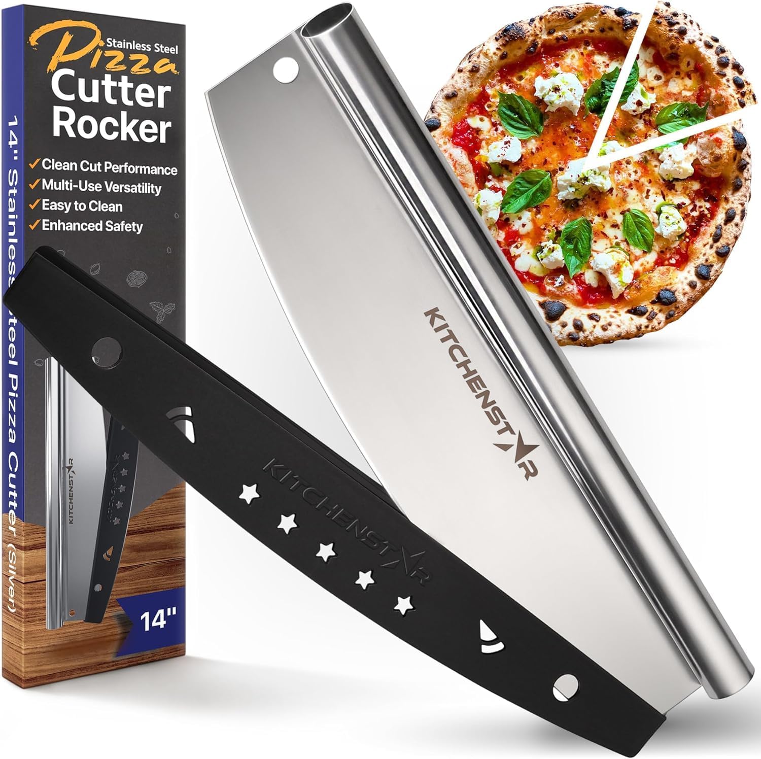 KitchenStar 14-Inch Pizza Cutter Rocker Blade - Sharp Stainless Steel Slicer Knife, Protective Cover, Dishwasher Safe, Large - Professional Pizza Oven Accessories - Culinary Roots