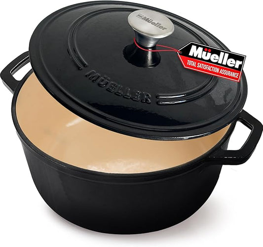 MUELLER HOME 6 Quart Enameled Cast Iron Pot Dutch Oven, Heavy-Duty Oven-Safe up to 500° F, & Across All Cooktops, Casserole Dishes for Ovens, Bread Pan with Lid and Knob, Cast Iron Cookware, Black