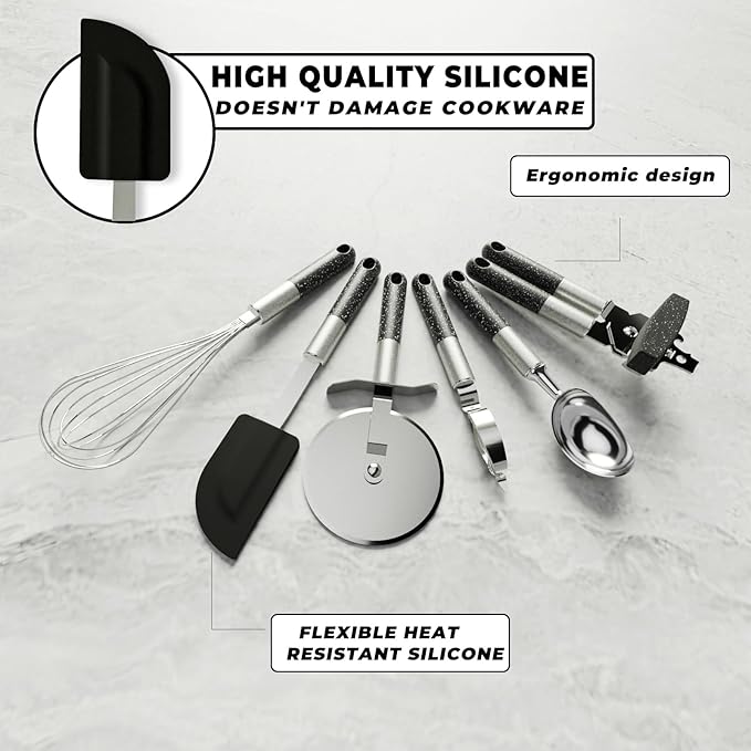 6 Pcs Elegant Black Kitchen Tools & Gadgets Set with White Speckles- Kitchen Gadget Set Includes Can Opener, Spatula and Peeler - Stainless Steel Cooking Accessories, Ideal for Gifting
