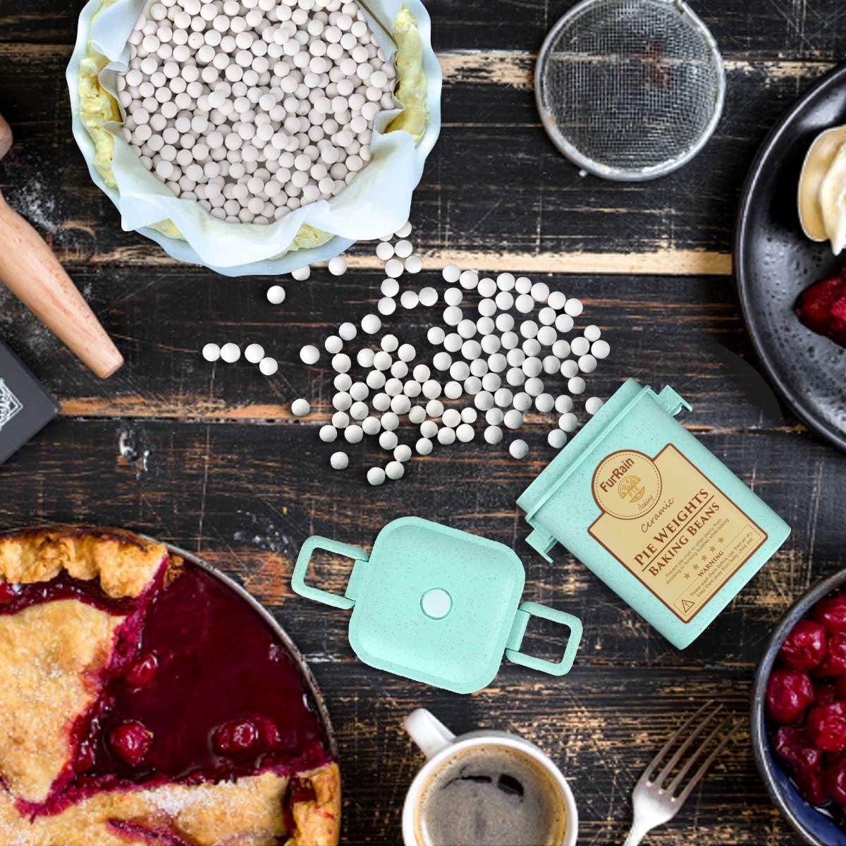 Ceramic Pie Weights Reusable 10mm Baking Beans Pie Crust Weights Natural Ceramic Stoneware with Wheat Straw Container - Culinary Roots