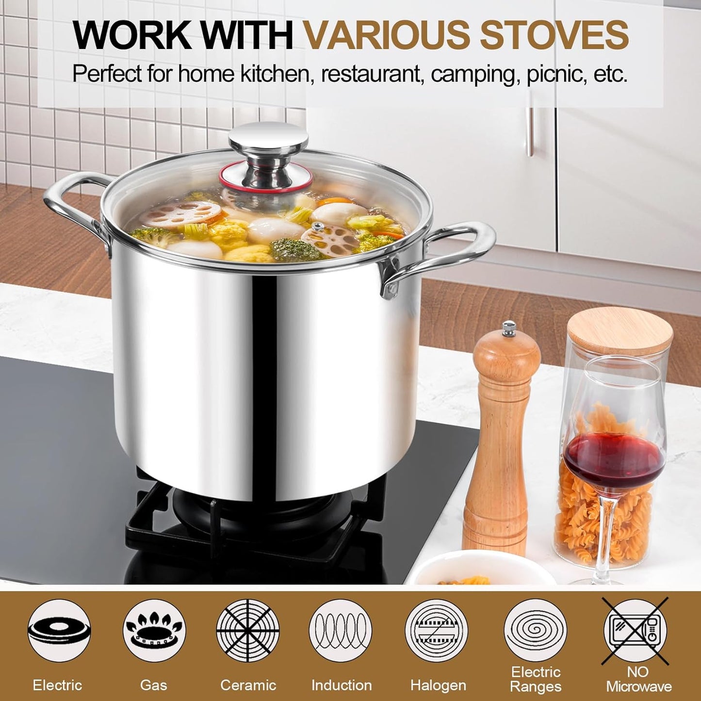 P&P CHEF 12 Quart Tri-Ply Stainless Steel Stockpot, Stock Pot with Visible Lid for Soup Pasta Vegetable, Induction Cooking Pot for All Stoves, Sturdy & Double Handle, Dishwasher Safe - Culinary Roots