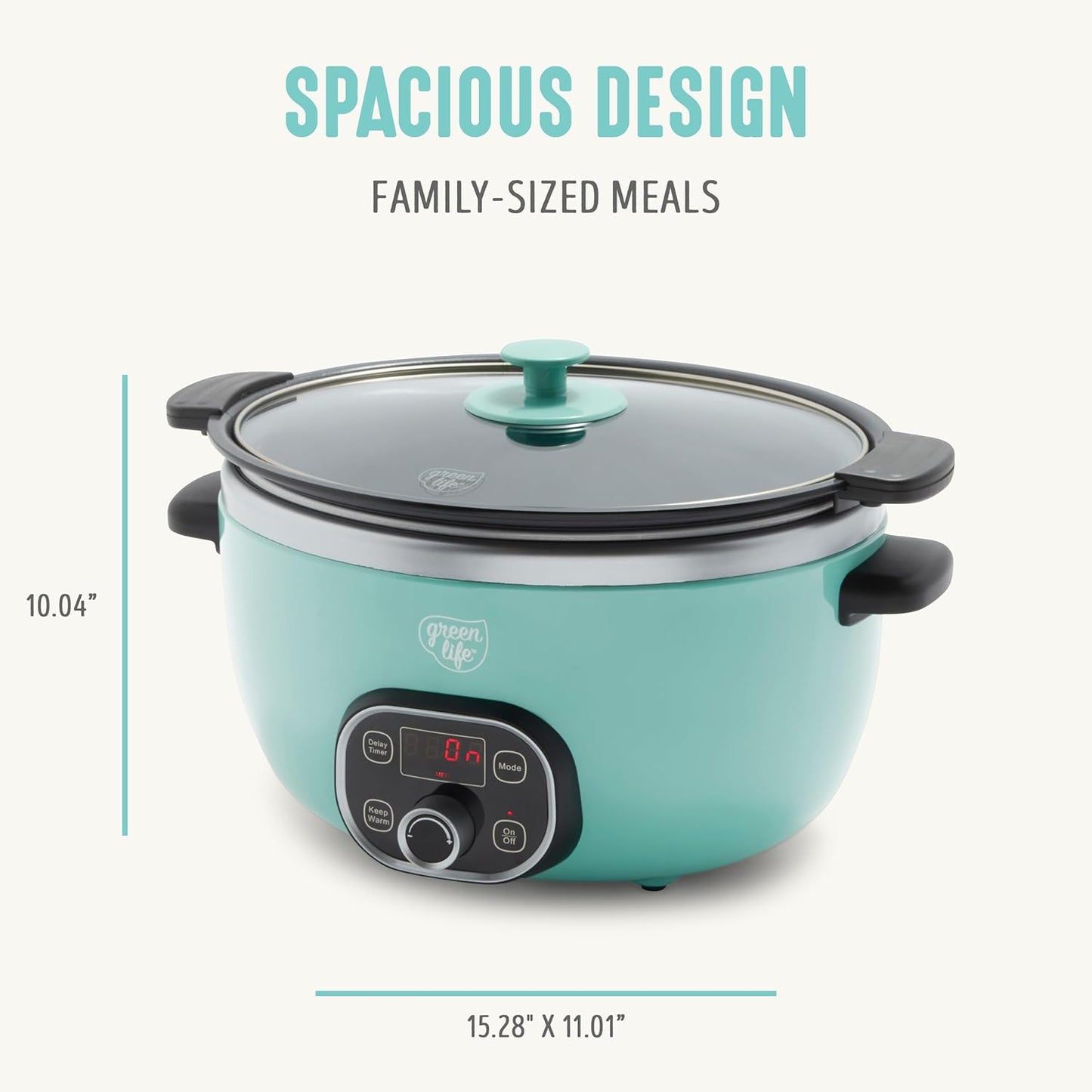 GreenLife 6 Quart Ceramic Slow Cooker, PFAS-Free, Programmable, Removable Healthy Nonstick Pot for Family Meals, Sear on Stovetop, Keep Warm, Digital Timer, Dishwasher Safe Glass Lid, Turquoise - Culinary Roots