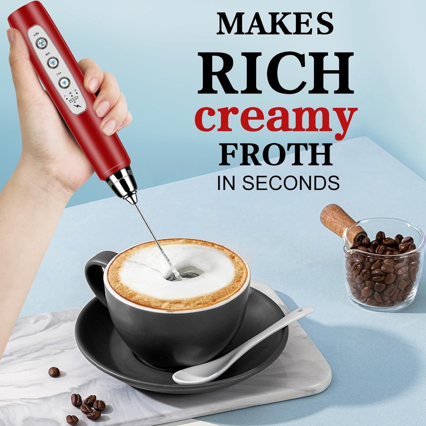 Milk Frother Handheld for Coffee, Electric Whisk 3 Speed Adjustable, Drink Mixer with Stainless 3 Whisks, Rechargeable Hand Frother Wand, Foam Maker for Latte Cappuccino Hot Chocolate Egg Red - Culinary Roots