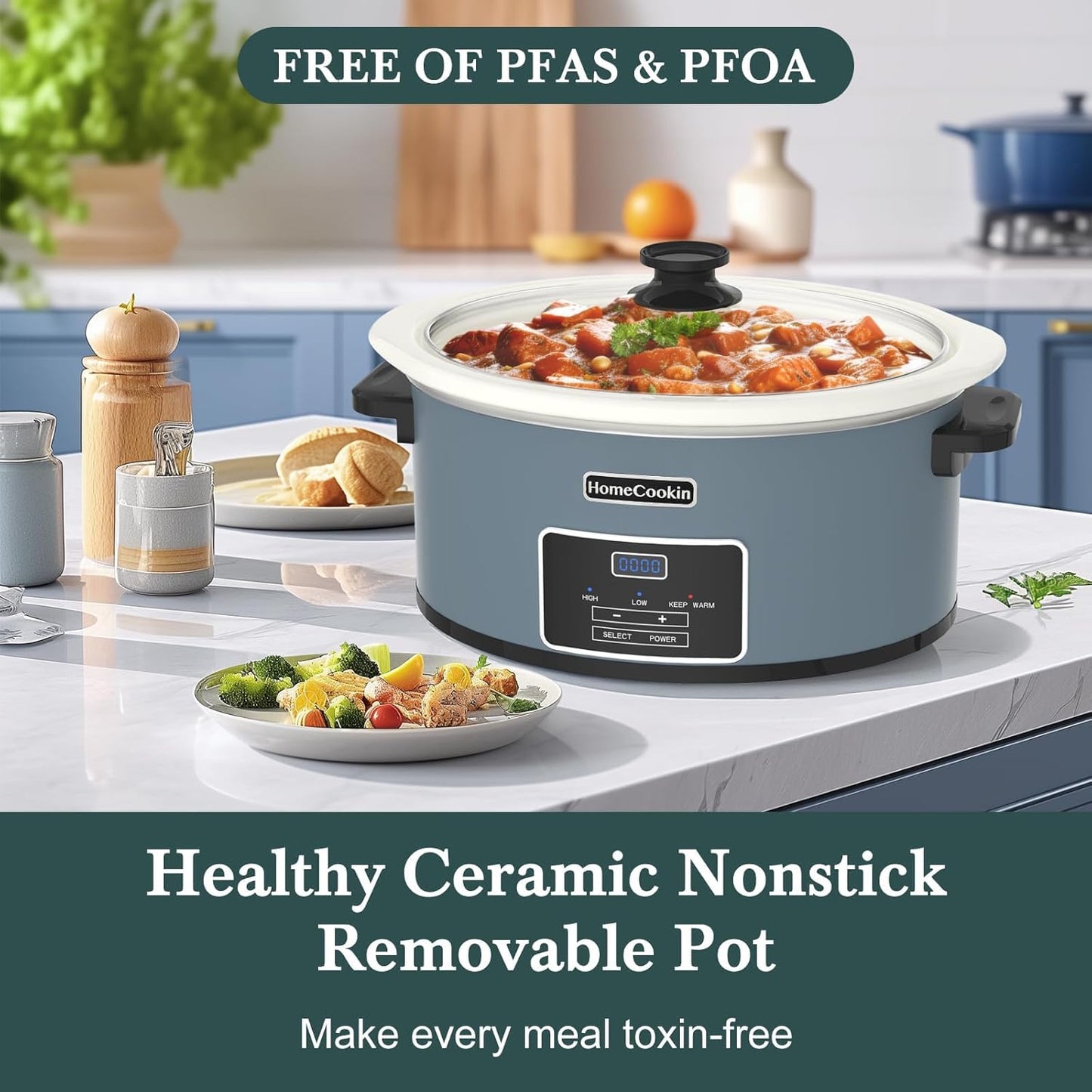 HOMECOOKIN 6-Quart Programmable Slow Cooker with Timer - Small Kitchen Appliance for Family Dinners - Serves 6+ People - Heat Settings: Keep Warm(Blue) - Culinary Roots