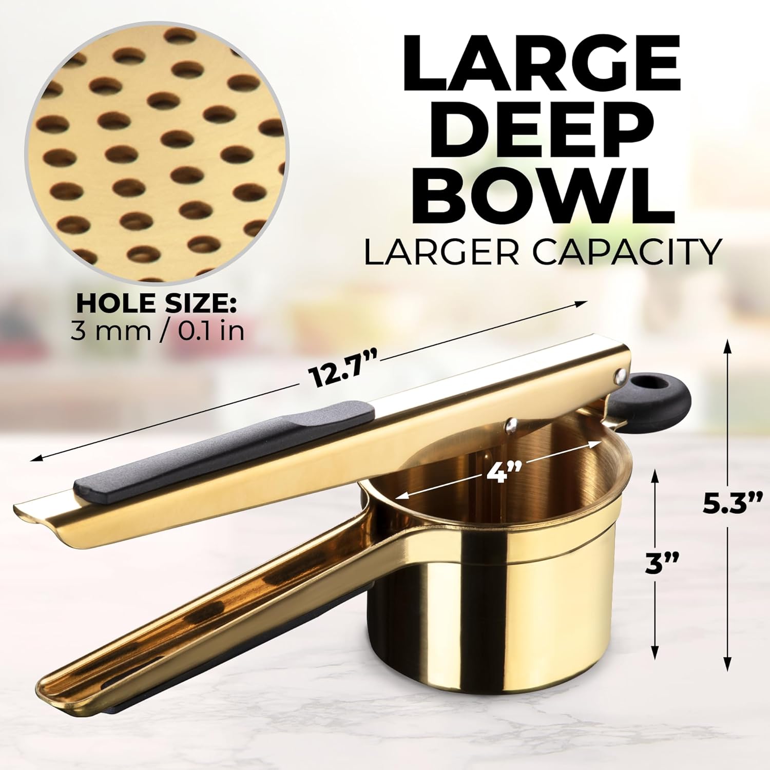 Zulay Kitchen Large 15oz Potato Ricer, Heavy Duty Stainless Steel Potato Masher and Ricer for Mashed Potatoes, Mashed Potato Masher & Potato Press Gadget for Perfect Mashed Potatoes - Gold/Black - Culinary Roots