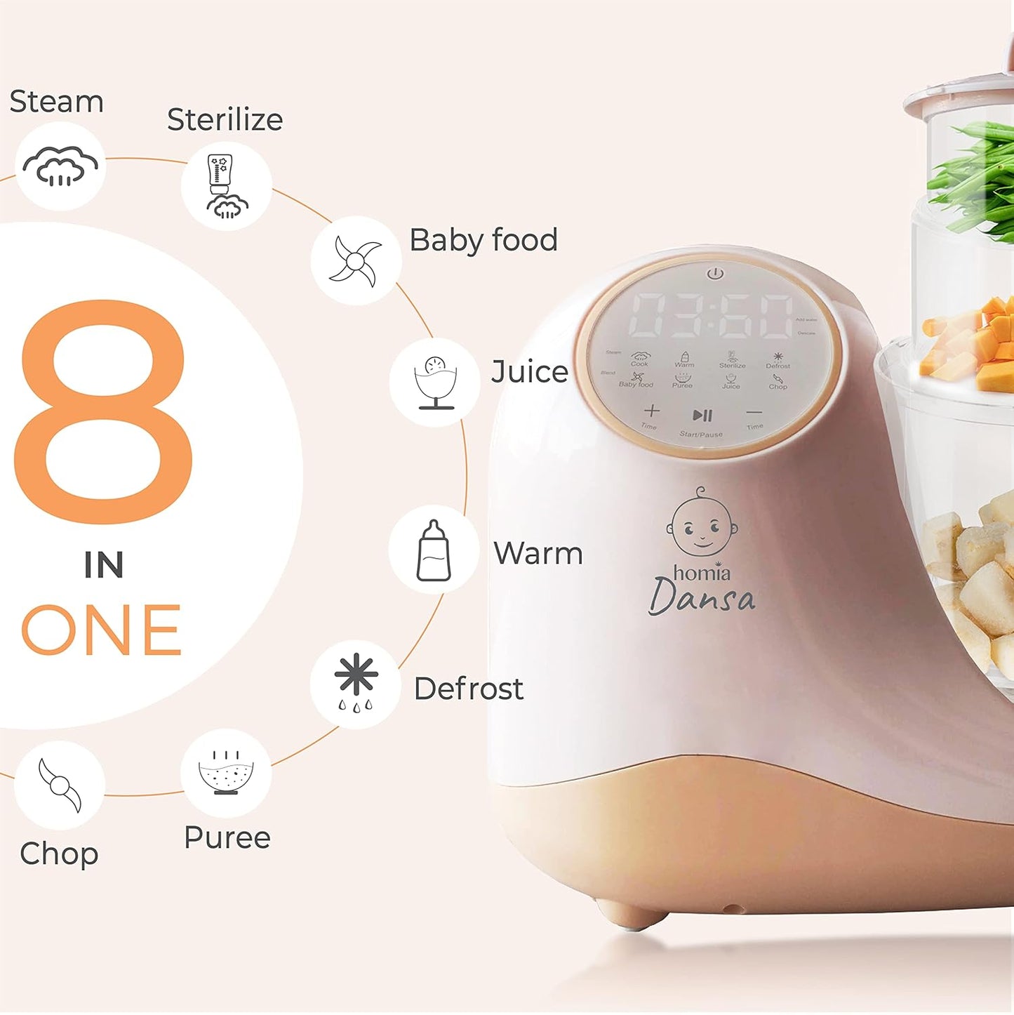Baby Food Maker Chopper Grinder - Mills and Steamer 8 in 1 Processor for Toddlers - Steam, Blend, Chop, Disinfect, Clean, 20 Oz Tritan Stirring Cup, Touch Control Panel, Auto Shut-Off, 110V Only