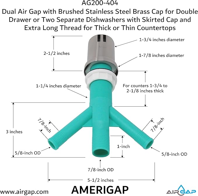 Dual Air Gap with Brushed Stainless Steel Brass Cap for Double Drawer or Two Separate Dishwashers with Skirted Cap and Extra Long Thread for Thick or Thin Countertops (AG200-404, AG200-X04, AMERIGAP)
