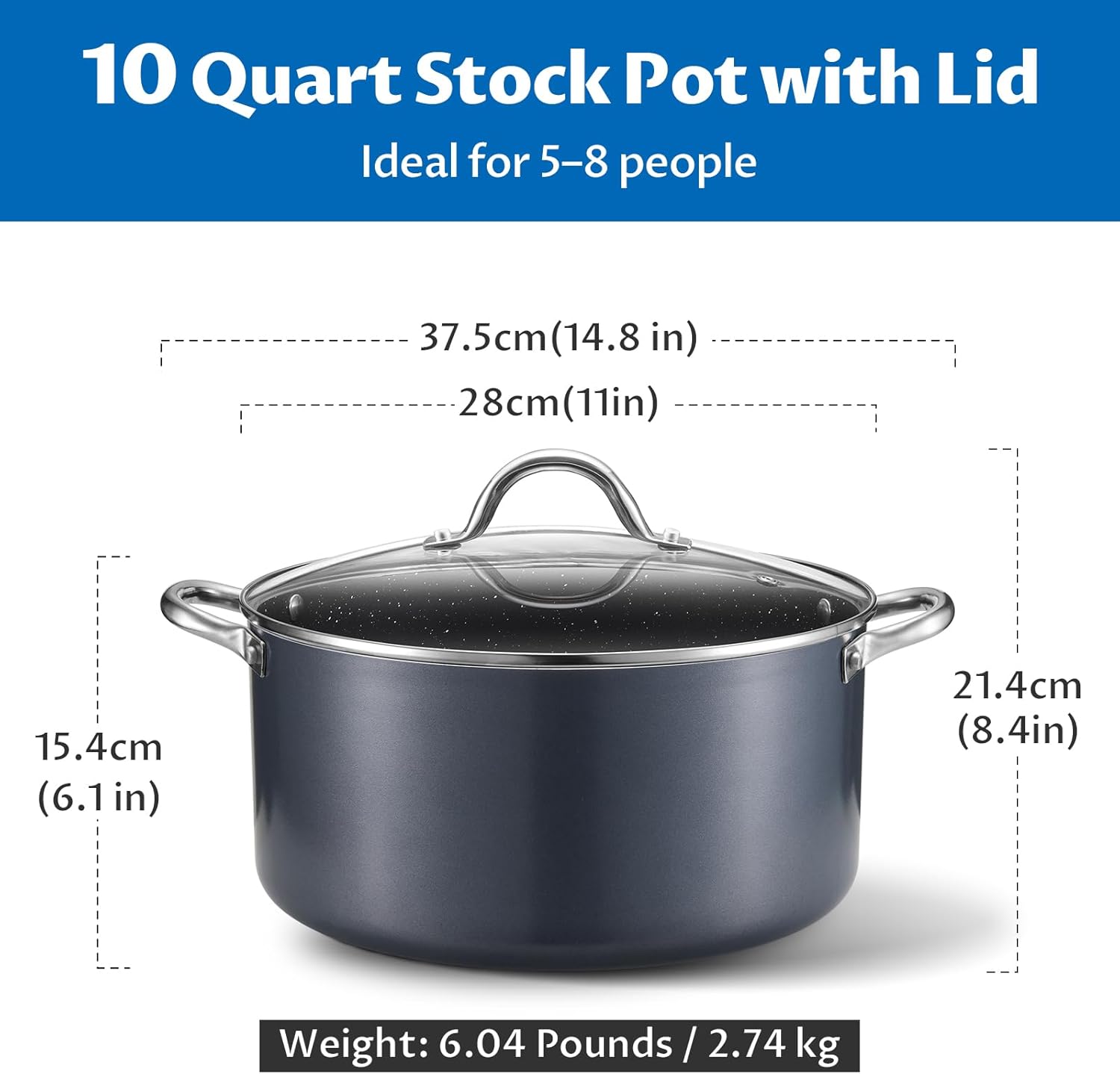 BEZIA 10 Quart Cooking Pot, Large Non Stick Induction Stock Pots with Lid, All Stove Compatible, 10 QT Aluminum Soup/Stew Pot For Large Families or Meal Prepping, Grey - Culinary Roots