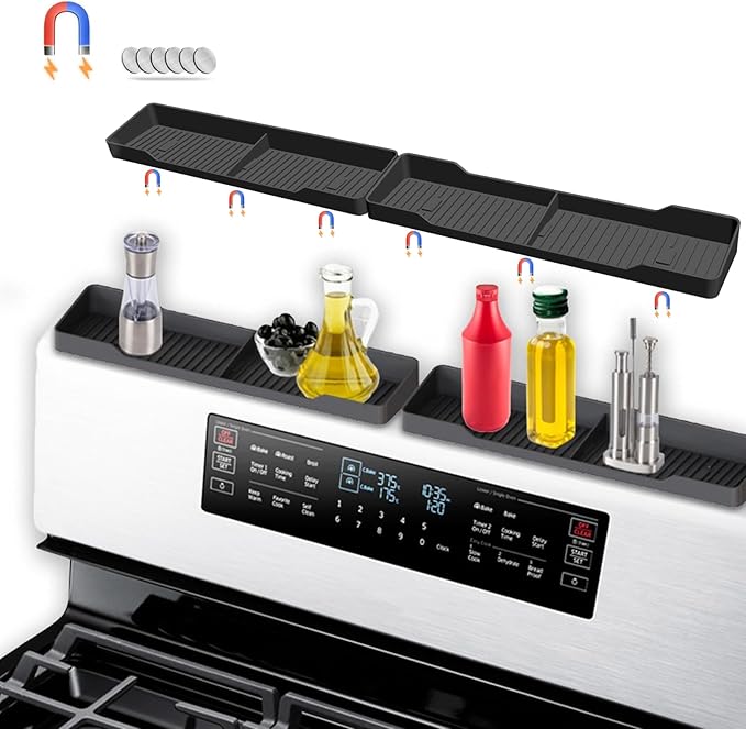 30 Inch Magnetic Silicone Stove Top Shelf,Heat Resistant Over The Stove Spice Rack for Kitchen,Space Saving Organizer Back of Stove,Includes 6 Additional Sticky Boards(Black,30''x3.8'')