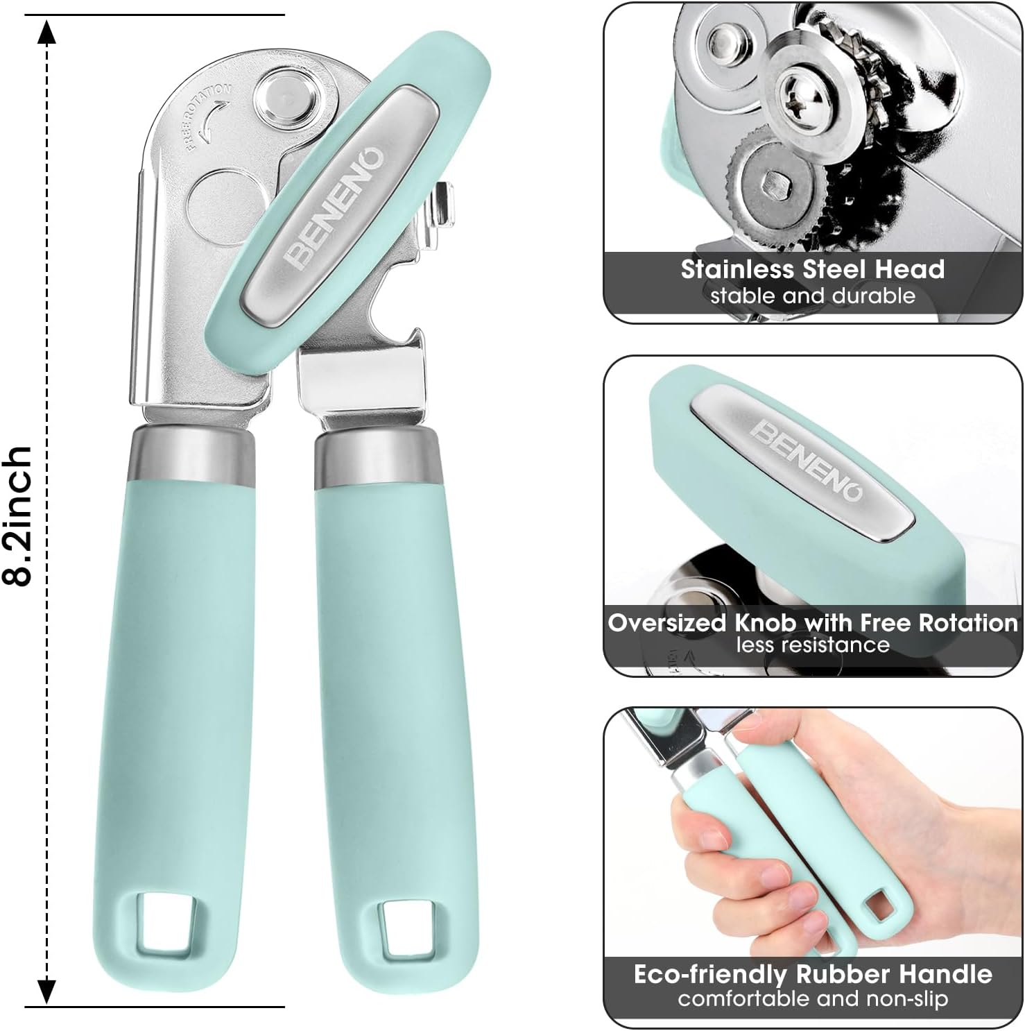 Beneno Can Opener Manual with Magnet, Hand Held Heavy Duty Can Opener with Durable Sharp Blade Smooth Edge, Big Effort-Saving Knob, Soft Grip Rubber Handle, Multifunctional Bottle Opener, Mint - Culinary Roots