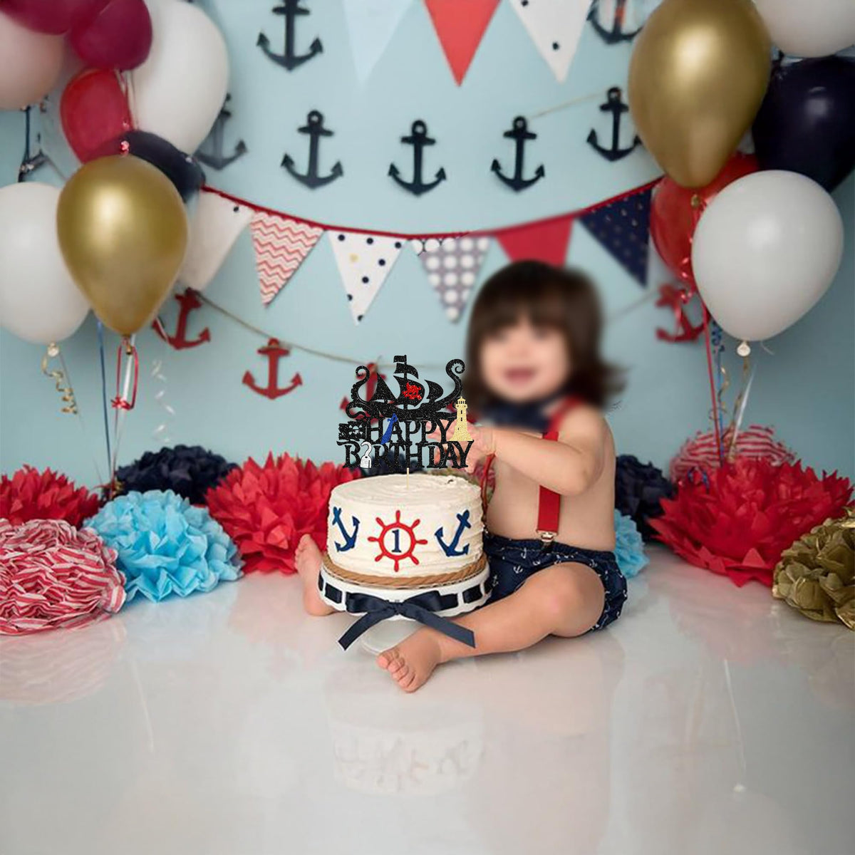 1Pcs Pirates Happy Birthday Cake Topper Pirate Ship Nautical Cake Pick for Pirates Theme Baby Shower Birthday Party Cake Decorations Supplies Gold
