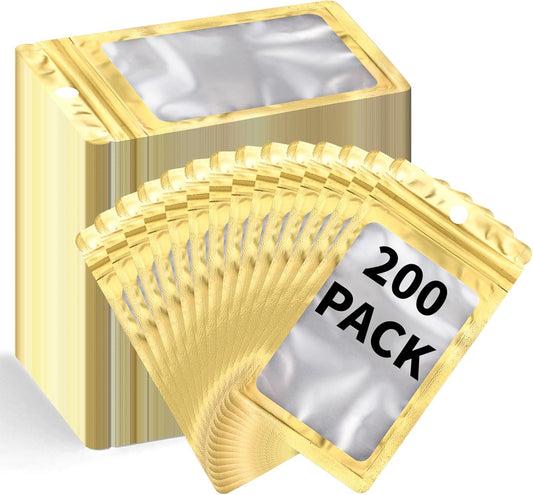 200 Pack Resealable Mylar Holographic Bags Food Storage Smell Proof Bags with Front Window Foil Packaging Pouch for Candy Sample Jewelry Small Business 4.13×5.91 Inch, Gold