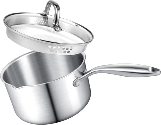 2.5 Quart Stainless Steel Saucepan with Glass Strainer Lid, Thicken Tri-ply Full Body, Multipurpose Sauce Pot with Two-Size Drainage Holes Lid, Perfect For Boiling Gravies, Pasta, Noodles - Culinary Roots