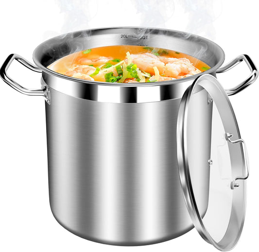 Stainless Steel 20 Quart Stockpot with Tempered Glass Lid, 3-Ply Base, 8.8 lbs, Polished Finish, Suitable for Stovetop and Oven - Culinary Roots