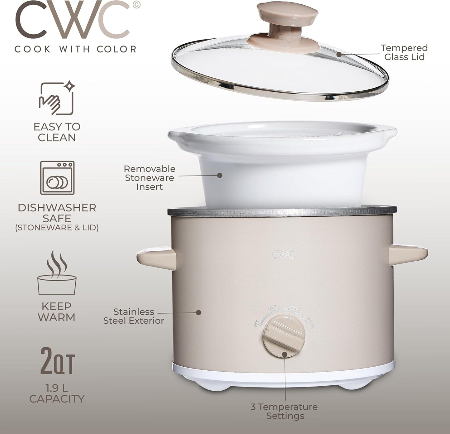 COOK WITH COLOR 2QT Mini Electric Round Slow Cooker - Adjustable Settings, Removable Stoneware Pot, Tempered Glass Lid, Dishwasher Safe, Cool-Touch Side Handles, Sand - Culinary Roots