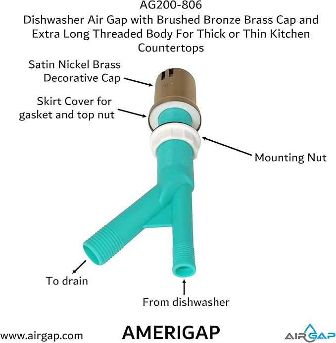 Dishwasher Air Gap with Skirted Brushed Bronze Brass Cap and Extra Long Threaded Body for Thick or Thin Kitchen Countertops (AG200-806, AG200-X06, AMERIGAP)