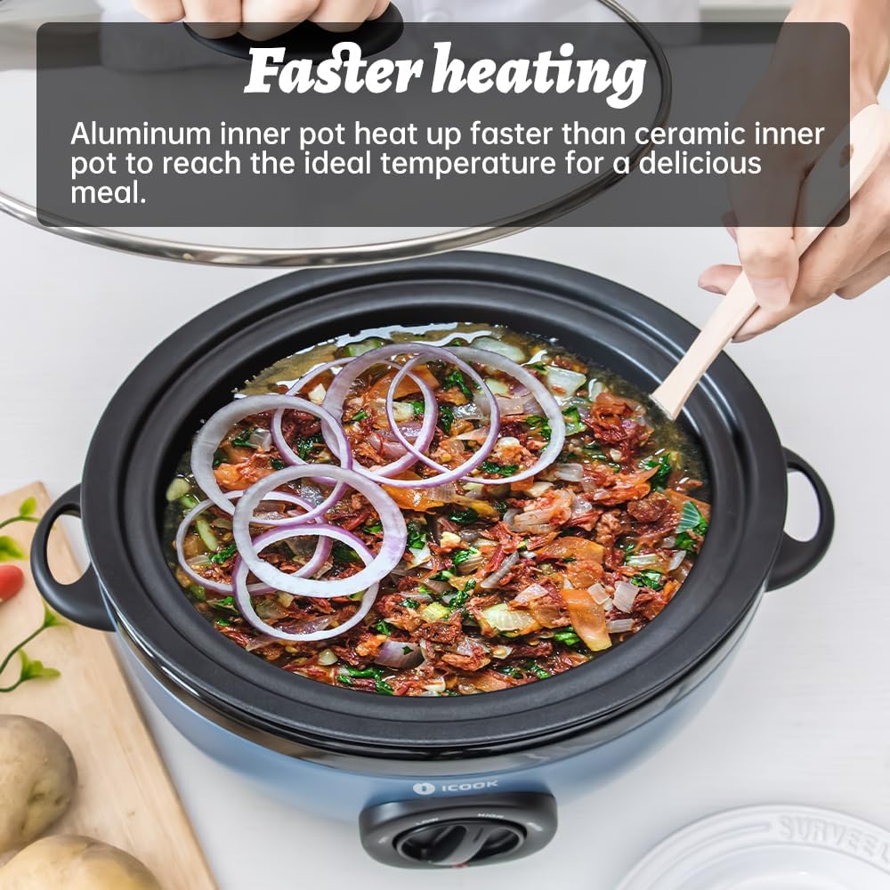 ICOOK USC-35-OP001BL 3.5 Quart Slow Cooker,Aluminium Sear/Sauté Stew Pot Stovetop safe,Dishwasher Safe,Glass Lid,Adjustable Temp,Food Warmer,Blue - Culinary Roots