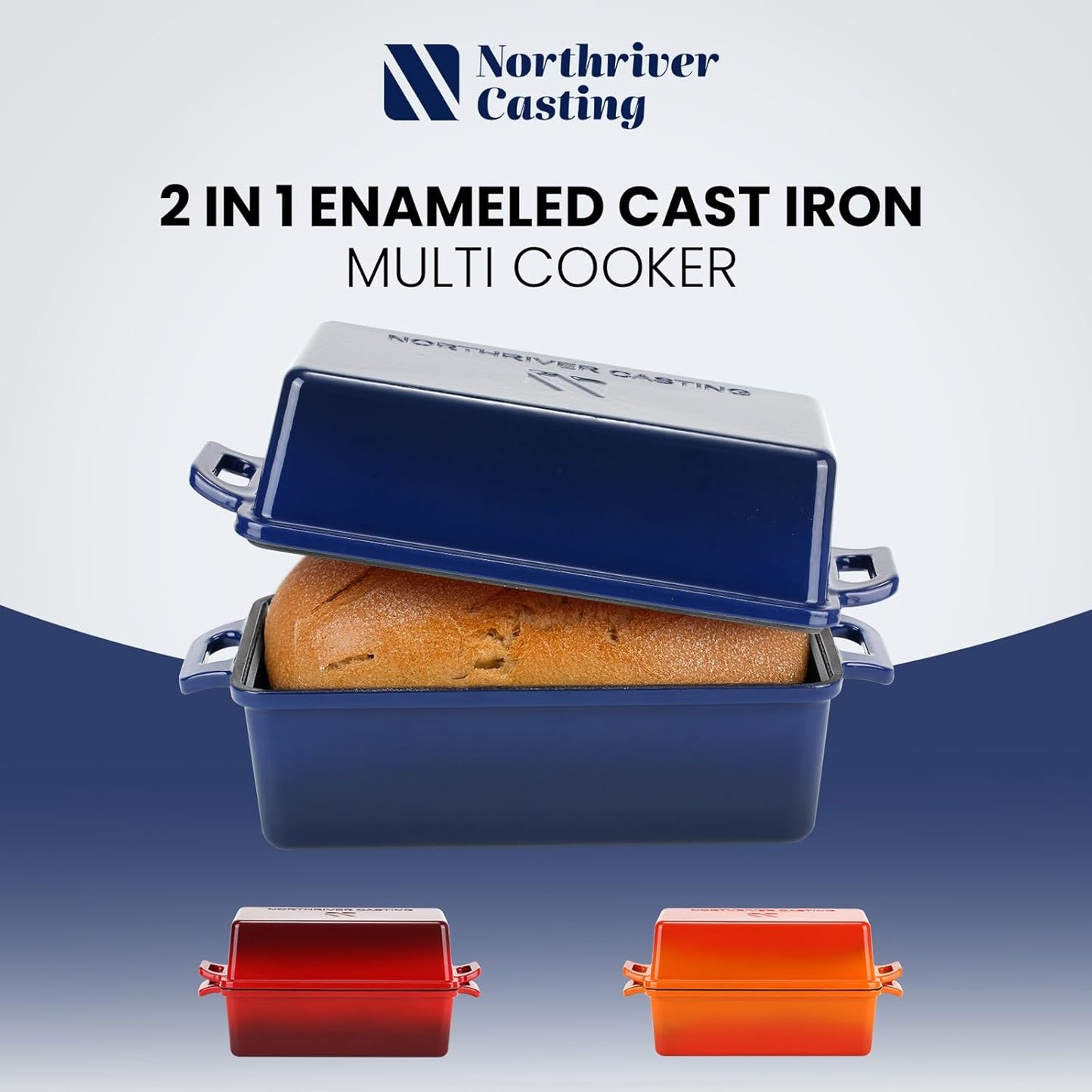 2 in 1 Enameled Cast Iron Bread Pan with Lid, Perfect Bread Oven, Loaf Pans for Baking Homemade Sourdough Bread 9x5, 2 Piece set, Navy Blue - Culinary Roots