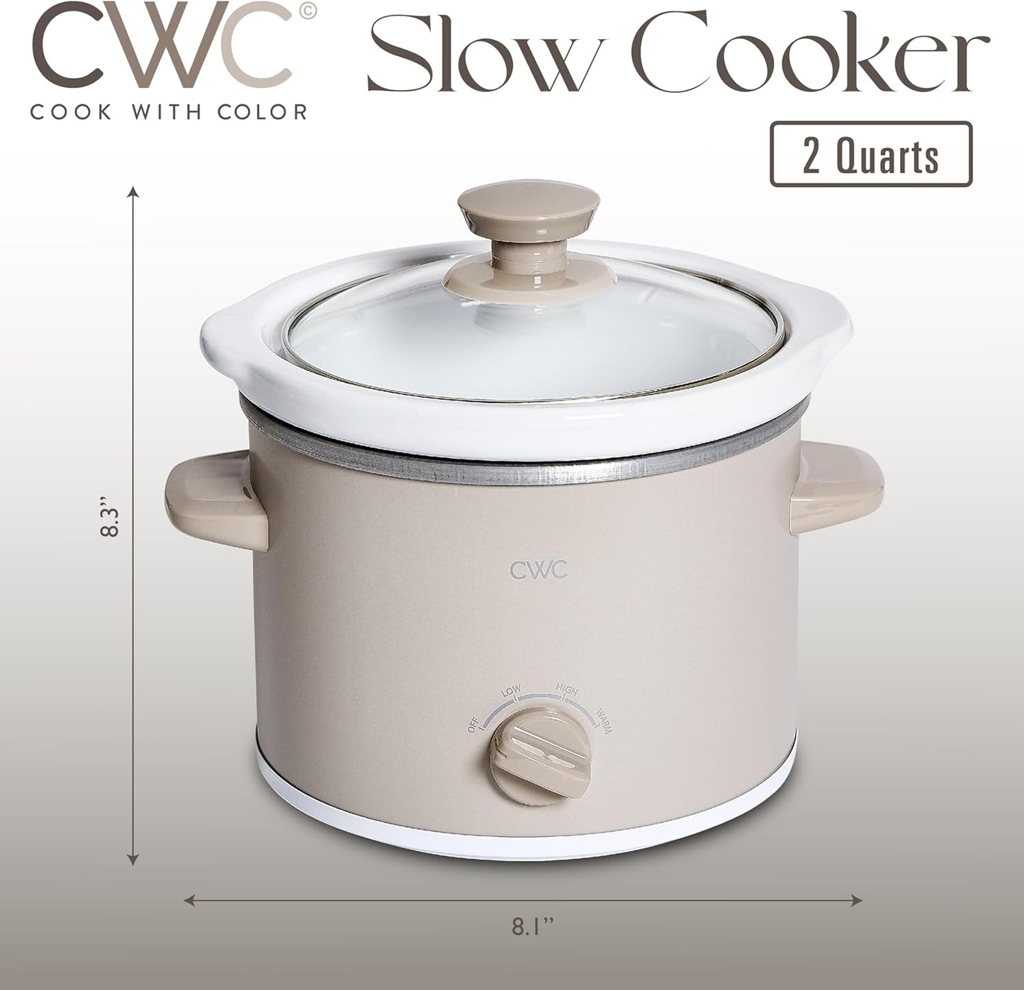 COOK WITH COLOR 2QT Mini Electric Round Slow Cooker - Adjustable Settings, Removable Stoneware Pot, Tempered Glass Lid, Dishwasher Safe, Cool-Touch Side Handles, Sand - Culinary Roots